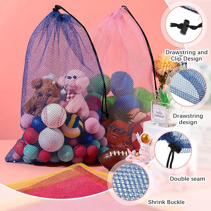 Cunno 48 Pcs Mesh Laundry Bags Mesh Drawstring Toy Storage Bags, 18 x 12 Inch Drawstring Gym Storage Nylon Stuff Sack Ball Organize for Travel Toy Sports(Vivid Color)