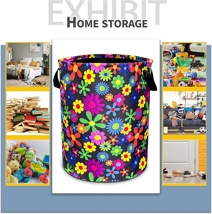 Color Hippie Flowers Laundry Basket Folk Art Flowers Foldable Oxford Cloth Funny Tote Bag Laundry Hamper Clothes Storage Bucket Toy Organizer For Bathroom/Laundry/Bedroom 18.9x16.5 In