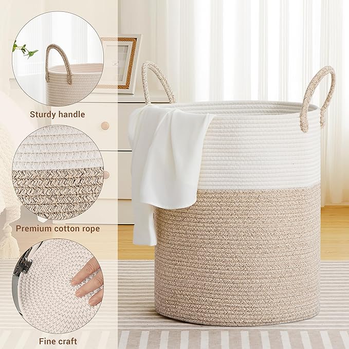 Tall Laundry Basket with Handles, 88L Portable Dirty Clothes Hamper, Boho Cotton Rope Storage Bin for Blankets Kids Toys Gifts, Large Organizer for Baby Nursery Bedroom Bathroom, Brown