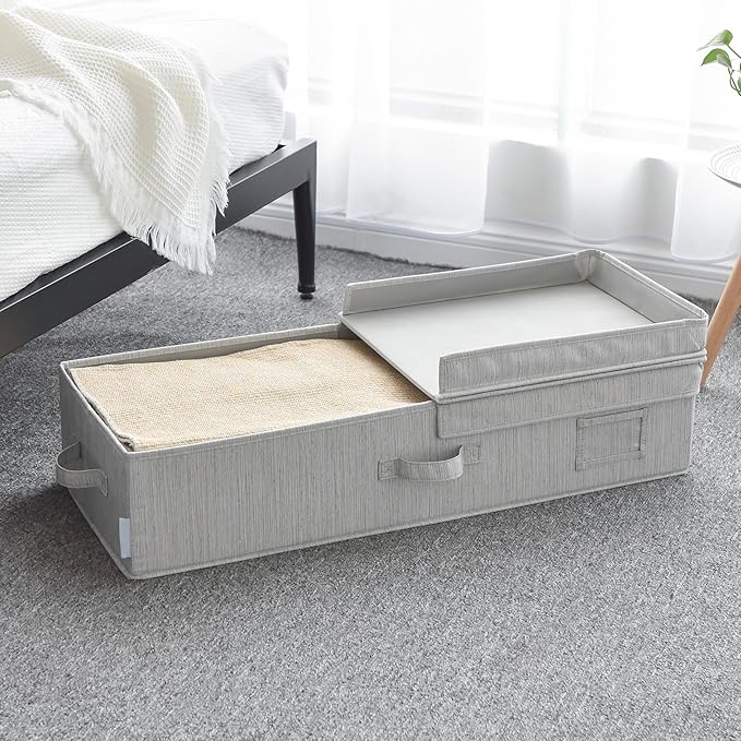 30" x 12" x 6.5" Large Under Bed Organizer with Double Folding Lid, Foldable Low Profile Stackable Drawer Organizer Bins Box for Blanket Shoe Bedroom, Grey