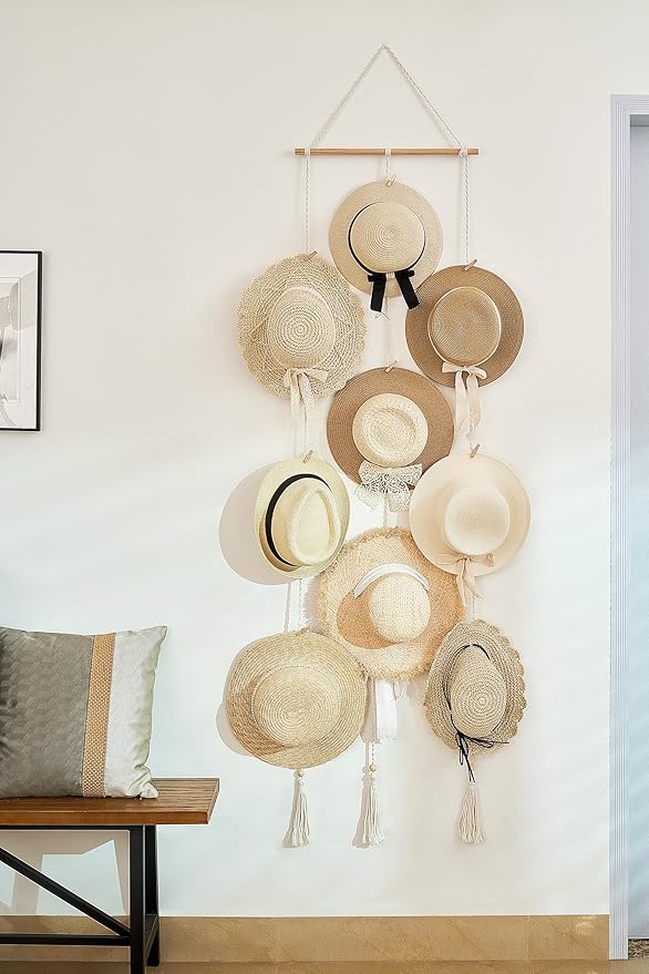 Mkono Hat Rack Hat Hangers for Wall Boho Caps Storage Display Organizer with Decorative Tassels Modern Cowboy Womens Hat Display Holder for Wide Brim Fedora Bowler Baseball Caps, Medium