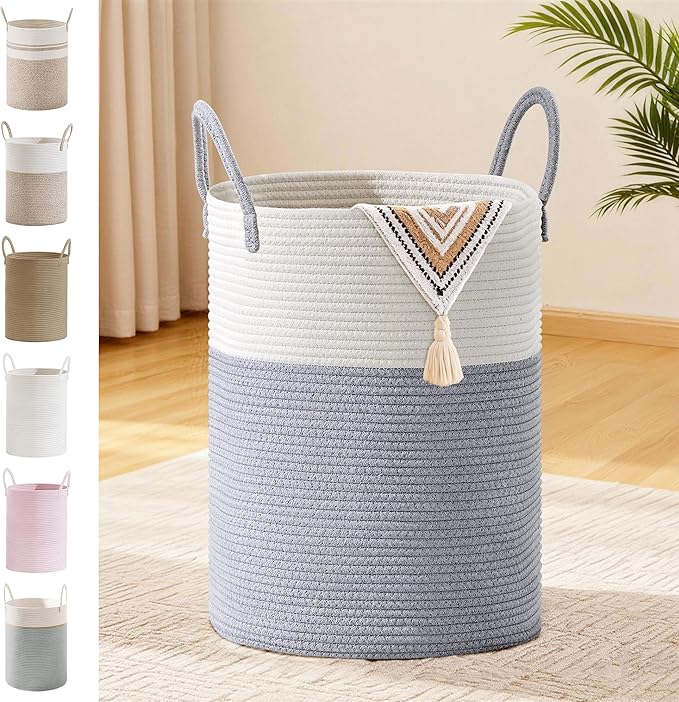 Tall Laundry Basket with Handles, 58L Portable Dirty Clothes Hamper, Boho Cotton Rope Storage Bin for Blankets Kids Toys Gifts, Decorative Organizer for Baby Nursery Bedroom Bathroom, Grey