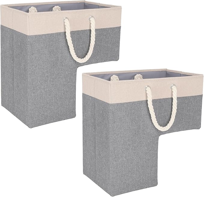 SAM AND MABEL Stairway Storage Basket, Premium Linen Material, Lightweight and Sturdy, Foldable, 16" L x 10" W x 16" H, Lite Cream and Gray (Pack of 2)