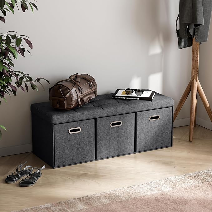 Ornavo Home Storage Ottoman with 3 Drawers, 40 Inches Long Foldable Tufted Linen Large Bench Ottoman with Storage, Foot Rest Stool Seat, for Living Room, Bedroom, Entryway, Black