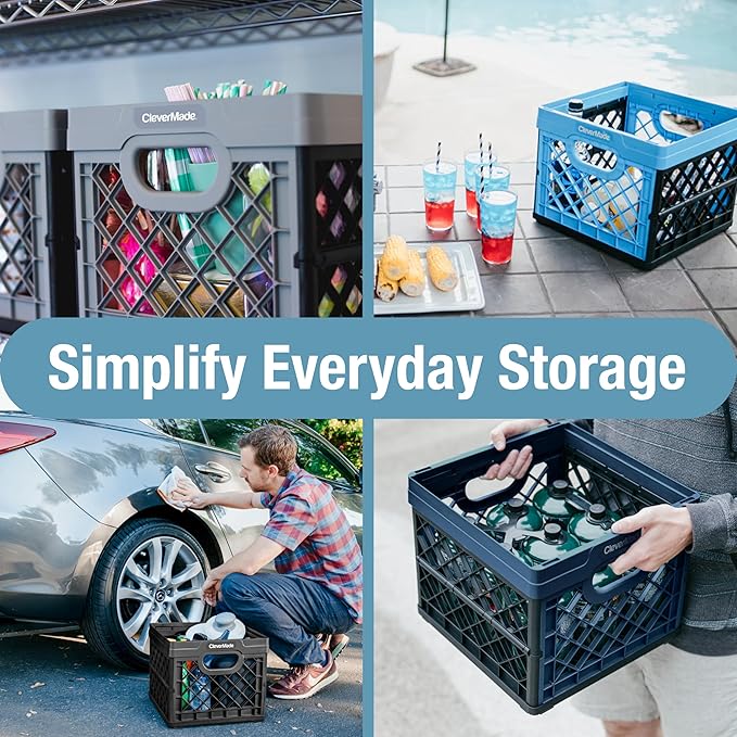 CleverMade Collapsible Milk Crate 25L (6.6 Gal), 50 lb Heavy Duty Folding Crate – Stackable Storage Crates with File Rails, Plastic Collapsible Crates for Storage - Red