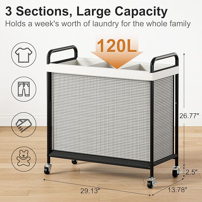 WOWLIVE Laundry Hamper 3 Section, 120L Rolling Laundry Basket with wheels and Removable Liner Bag, Laundry Sorter with Metal Handle, Large Clothes Hamper for Laundry Room, Bathroom and Dorm, Beige
