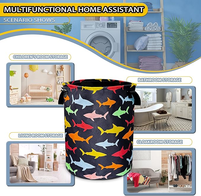 Colorful Shark Laundry Basket Cartoon Pictures Foldable Oxford Cloth Funny Tote Bag Laundry Hamper Clothes Storage Bucket Toy Organizer For Bathroom/Laundry Storage/Bedroom 18.9x16.5 In