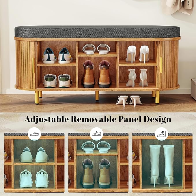Entryway Bench with Storage: 43.31" Wooden Bedroom Shoe Bench with Thickened Padded Seat Cushion, Mid Century Modern Fluted Sliding Door and Adjustable Shelf, for Entryway, Living Room