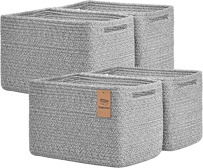Storage Baskets for Organizing, 4 Pack Baskets for Shelves, Decorative Storage Bins for Shelves, Cotton Rope Storage Basket with Handles, Woven Basket for Storage, 13''Lx8.7''Wx7.9''H, Gray