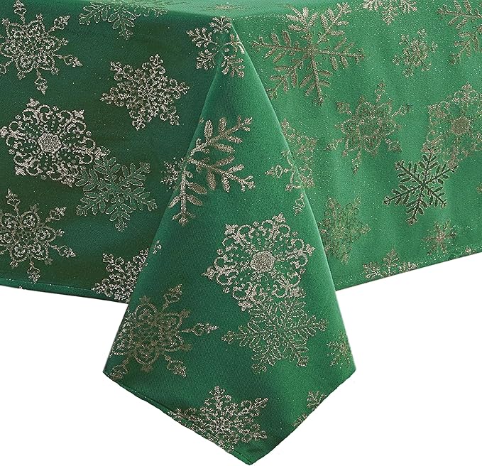 Newbridge Fancy Metallic Snowflake Christmas Fabric Tablecloth, 52 x 70 Inch Rectangle, Hunter Gold, No-Iron Soil Resistant Sparkling Snowflakes Woven Holiday Table Cover