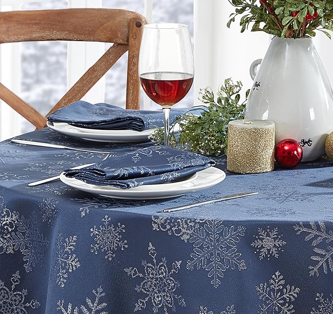 Newbridge Fancy Metallic Snowflake Christmas Fabric Tablecloth, 60 x 102 Inch Rectangle, Navy Silver, No-Iron Soil Resistant Sparkling Snowflakes Woven Holiday Table Cover