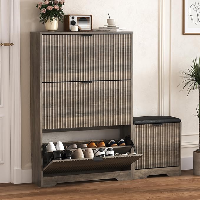 Shoe Cabinet Storage for Entryway with 4 Flip Drawers, Grey Fluted Shoe Cabinet with Bench, Wooden Hidden Shoe Rack Freestanding Narrow Slim Shoes Storage Organizer for Hallway, Entrance