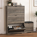 Shoe Cabinet Storage for Entryway with 4 Flip Drawers, Grey Fluted Shoe Cabinet with Bench, Wooden Hidden Shoe Rack Freestanding Narrow Slim Shoes Storage Organizer for Hallway, Entrance