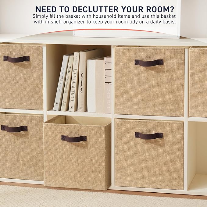 Ornavo Home 10.5 x 10.5 Storage Cube Bins, 6 Pack Jute Baskets, Fabric Storage Bins Shelf Basket Cube Organizer for Closet Foldable Collapsible with Leather Handles
