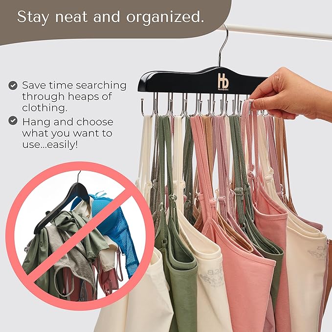 Large Bra Hanger and Bra Organizer for Closet – Tank Top Hanger Space Saving for House, Dorm, Apartment - Foldable Wooden for Closet Organizer– with 20 Hook - Lotus Wood, Black, 1 Pack