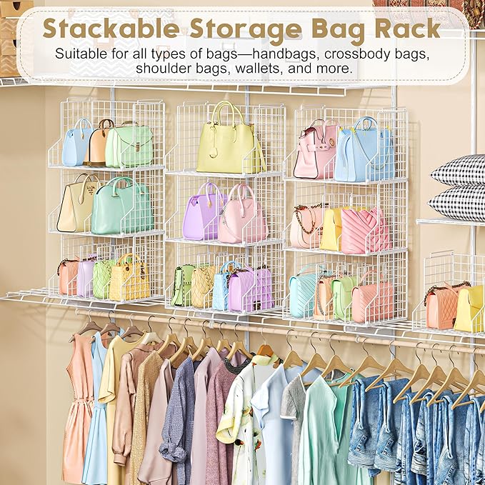 Sonyabecca Purse Storage Organizer for Closet : Adjustable 3-Pack Dividers Handbag Organizer - Stackable Wire Handbags Storage Baskets -Open Cabinets Wallets Tote Chain Bags Clutches -White