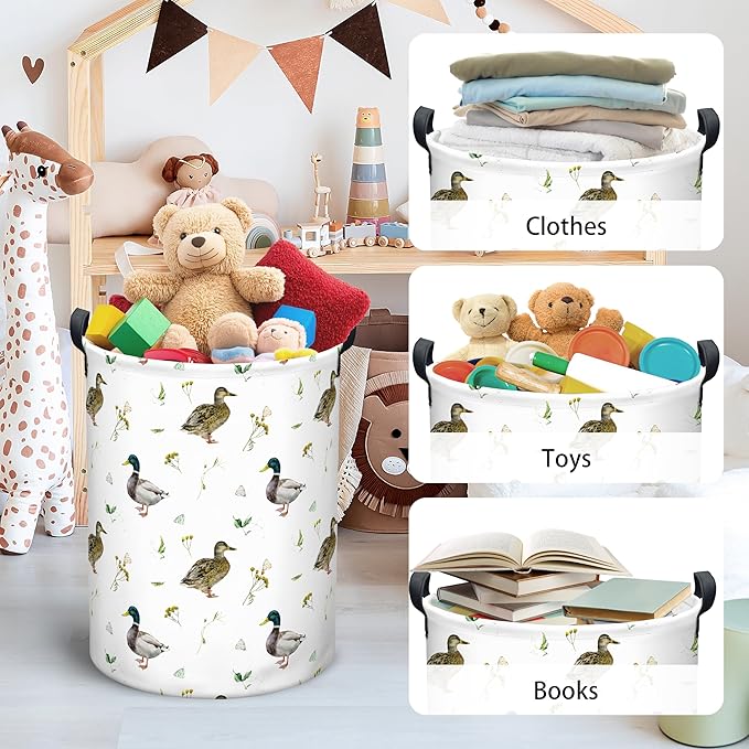 Mallard Duck Laundry Basket, Collapsible Waterproof Oxford Cloth Laundry Hamper, Funny Round Kids Toys Storage Basket as Room Decor, Cute Duck Dirty Clothes Hamper for Bedroom Bathroom Dorm (Brown)