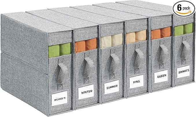 6Pack Sheet Organizers and Storage - King/Queen Size Sheet Storage Organizer with Window, Foldable & Dustproof Sheet Organizer for Linen Closet for Summer Blankets & Sheet Sets,Grey