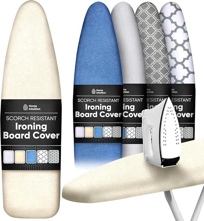 Home Intuition Extra Thick Ironing Board Cover and Pad Iron Scorch Resistant with Hook and Loop Secure Fastener and Elastic Edge,15x54, Standard Size Coated Thick Padding, Biege