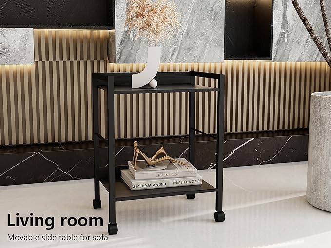 2-Tier Rolling Utility Cart with Rustic Black Shelves and Black Metal Frame, Industrial Mobile Storage Trolley on Wheels for Kitchen, Office, Bathroom, Living Room