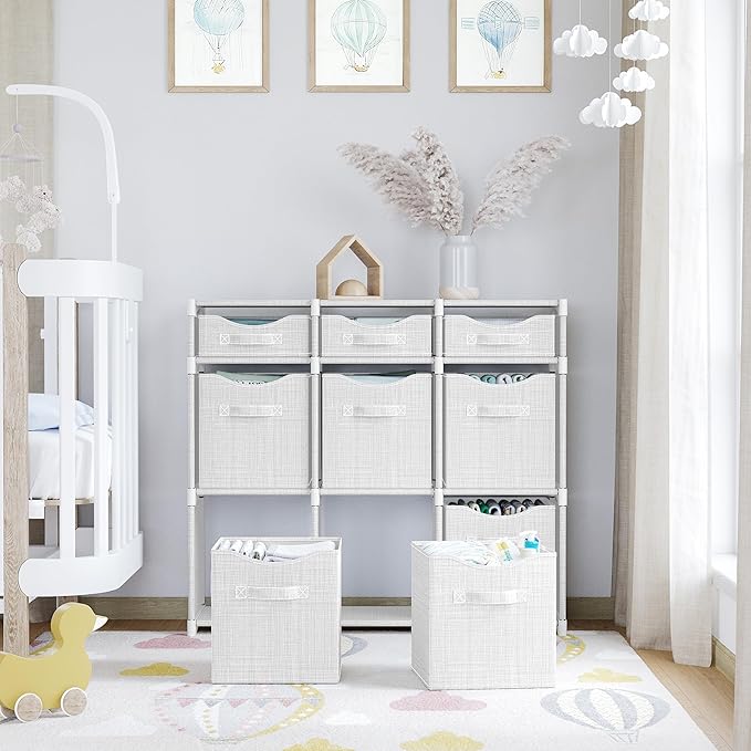 9 Cube Storage Organizer With Bins Included - Closet Storage With 9 Storage Bins - Easy To Assemble Storage Unit With Drawers - Closet Organization For Clothes, Bedroom, Nursery, & Toys (White-Grey)