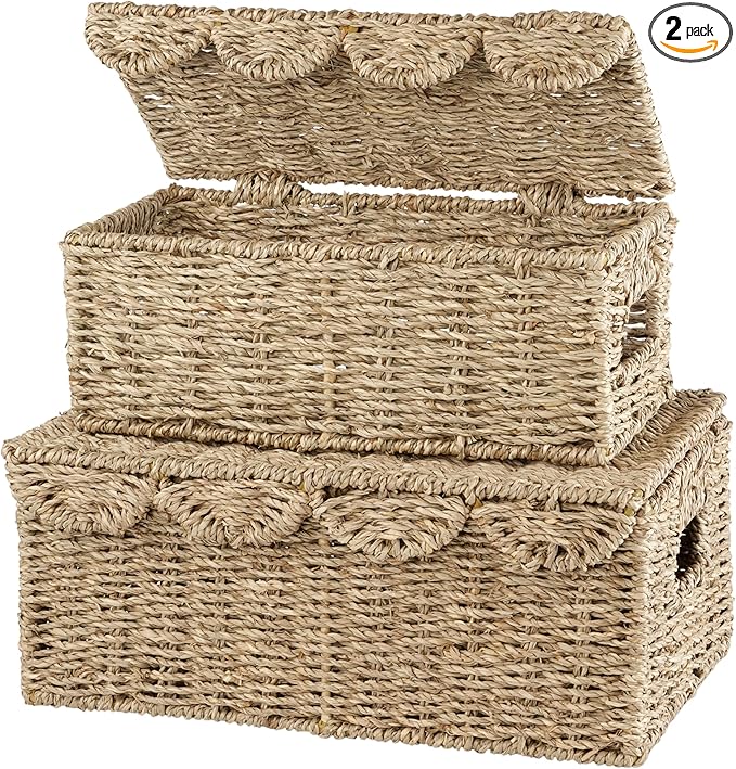 Set of 2 Scalloped Seagrass Baskets with Lid