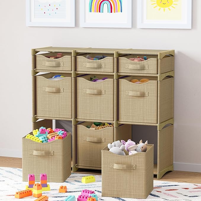 9 Cube Storage Organizer With Bins Included - Closet Storage With 9 Storage Bins - Easy To Assemble Storage Unit With Drawers - Closet Organization For Clothes, Bedroom, Nursery, & Toys (Beige)
