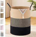 Tall Laundry Basket with Handles, 100L Portable Dirty Clothes Hamper, Boho Cotton Rope Storage Bin for Blankets Kids Toys, Extra Large Organizer for Nursery Bedroom Bathroom, Brown & Black