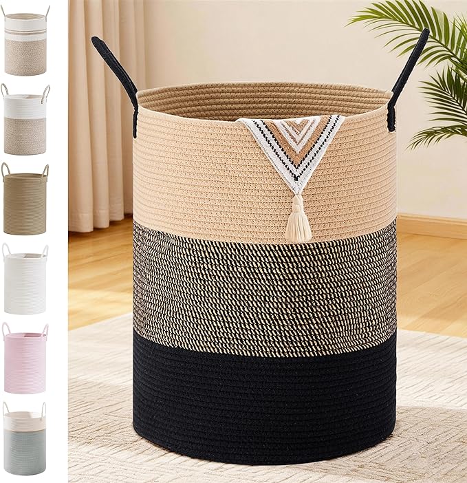 Tall Laundry Basket with Handles, 100L Portable Dirty Clothes Hamper, Boho Cotton Rope Storage Bin for Blankets Kids Toys, Extra Large Organizer for Nursery Bedroom Bathroom, Brown & Black
