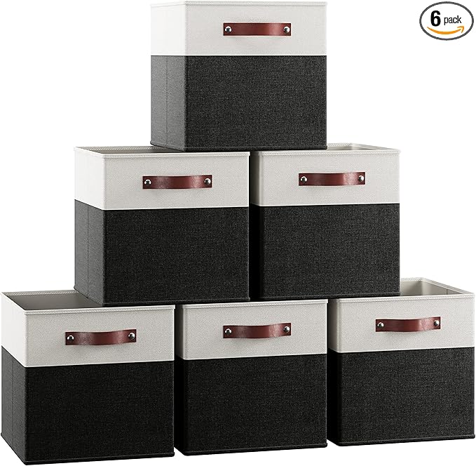 Ornavo Home 13 x 13 Storage Cube Bins, Foldable Collapsible Fabric Storage Bins Box Linen Shelf Basket Cube Organizer for Closet with Leather Handles, 6 Pack, White/Black