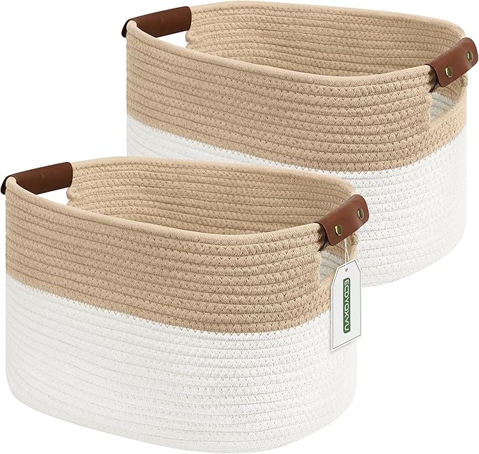 Cotton Rope Basket, Storage Baskets with Handle, 15x10x9 Inch Woven Basket for Shelves, Laundry, Towels, Clothes, Books (White/Beige 2Pack)