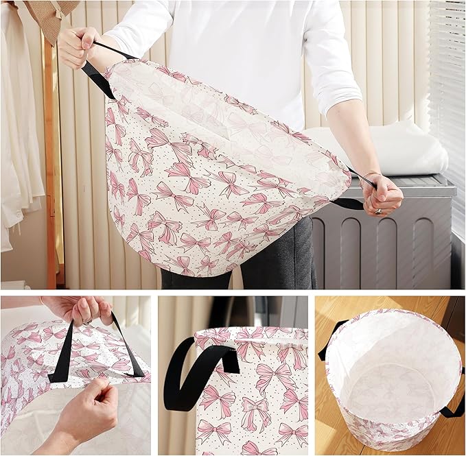 Pink Laundry Basket for Bedroom,Dirty Clothes Basket,Laundry Basket with Handles,Kids Girls Room Canvas Hamper Bag,Blankets,Towel,Toy Storage Organizer