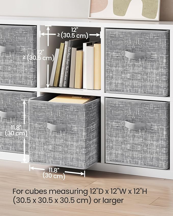 SONGMICS Storage Cubes, 11.8-Inch Non-Woven Fabric Bins with Double Handles, Set of 6, Closet Organizers for Shelves, Foldable, for Clothes, Cattail Gray UROB030G01
