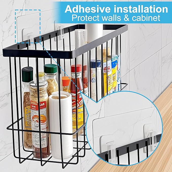 Kitchen Cabinet Door Organizer 3 pack, Lid Organizers Inside Cabinet with 2 Sponges, Foil and Plastic Wrap Organizer with 4 Hooks, for Aluminum Foil, Plastic Wrap, Black, (Small, Medium, Large)