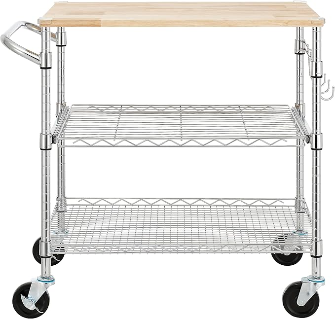 Finnhomy 3-Tier Rolling Kitchen Cart With 18" D x 30" W Oak Wood Tabletop, Kitchen Island With 4" Wheels and Slider Shelf, Microwave & Coffee Cart With Hooks for Dining Room, Chrome
