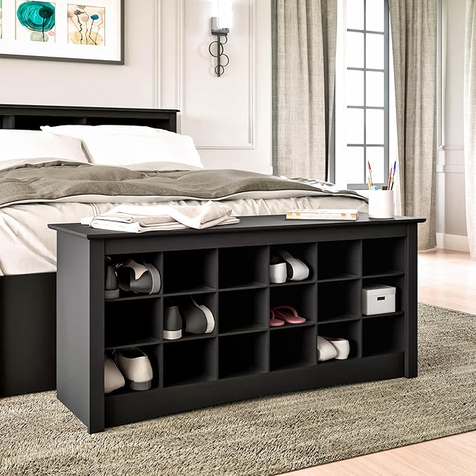 Prepac Black Shoe Cabinet, Entryway Bench, Mud Room Organization and Storage Bench with 18 Shoe Cubbies 16"D x 48"W x 24"H