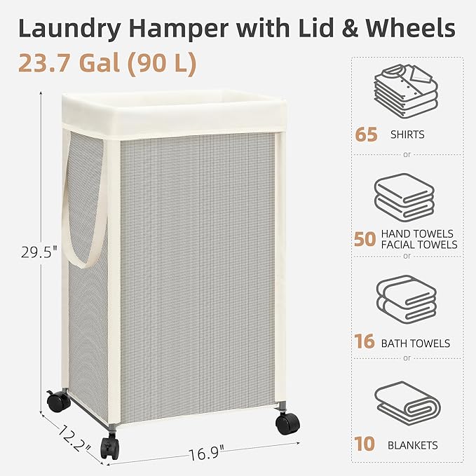 STORAGE MANIAC Laundry Hamper with Wheels, 90L (23.7 Gal) Large Tall Rolling Laundry Basket with Removable and Washable Liner Bag, Aesthetic Dirty Clothes Hamper for College, Dorm, Off-white