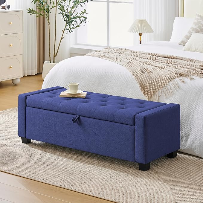 48" Ottoman with Storage, Storage Ottoman Bench with Safety Hinge, Upholstered Entryway Bench with Seating for Bedroom, Living Room, Holds up to 330 lb, Blue