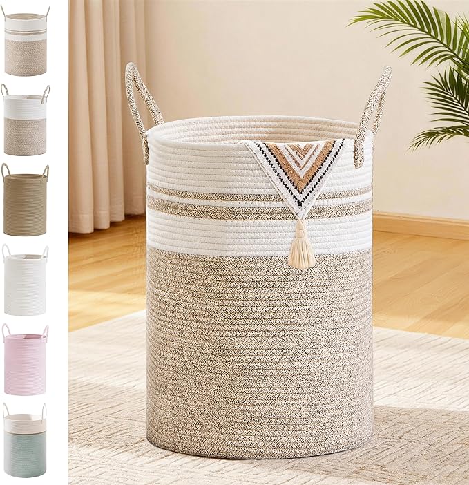 Tall Laundry Basket with Handles, 100L Portable Dirty Clothes Hamper, Boho Cotton Rope Storage Bin for Blankets Kids Toys Gifts, Extra Large Organizer for Nursery Bedroom Bathroom, New Brown