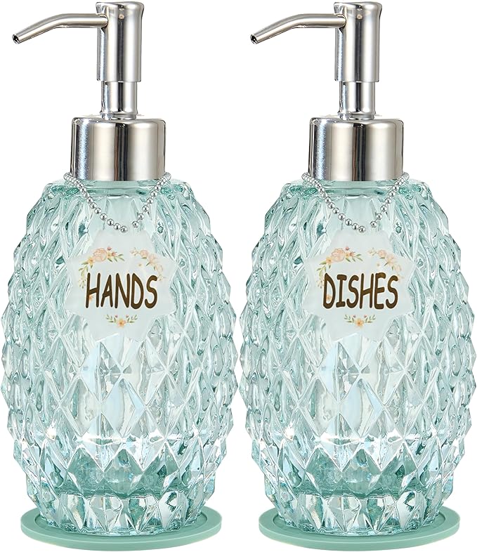 MALACHI Soap Dispenser Set, Crystal-Textured Diamond Glass with Rustproof Stainless Steel Pump, Dual-Labelled Hand & Dish Soap Dispenser for Kitchen & Bathroom