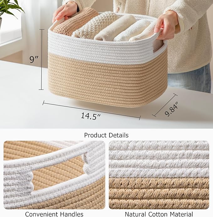 UBBCARE 2 Pack Storage Baskets for Organizing, Shelf Baskets with Handles, Woven Storage Baskets for Bookcase/Cube Shelf/Closet, 14.5"L x 9.8"W x 9"H, White&Brown