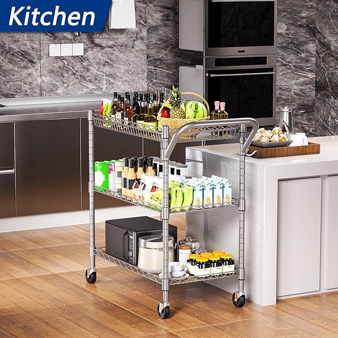 3 Tier Heavy Duty Rolling Utility Cart,18" D x 30" W x 36.6" H Rolling Carts with Wheels,Commercial Grade Metal with Handle Bar & Shelf Liner,Trolley Serving Storage Cart for Kitchen Silver