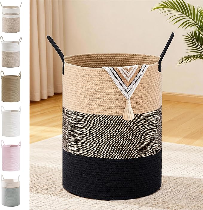Tall Laundry Basket with Handles, 58L Portable Dirty Clothes Hamper, Boho Cotton Rope Storage Bin for Blankets Kids Toys Gifts, Decorative Organizer for Nursery Bedroom Bathroom, Brown & Black