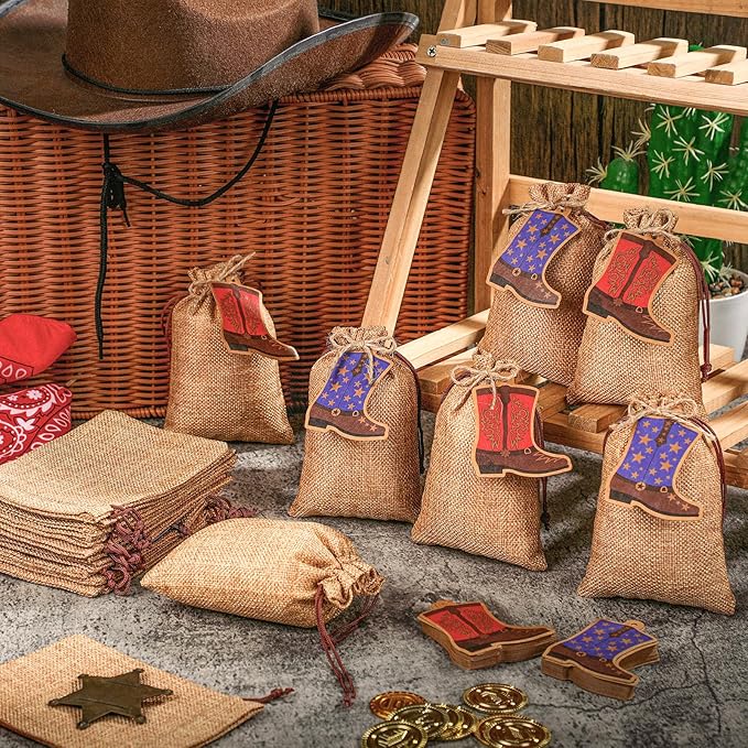 Mooliwe 50 Pcs Burlap Drawstring Bags with Boot Shape Tags, Western Cowgirl Gift Sacks Bulk 4 x 6 Inches Reusable Burlap Candy Pouch for Bachelorette Cowboy Baby Shower Wedding Party Favor(Red Blue)