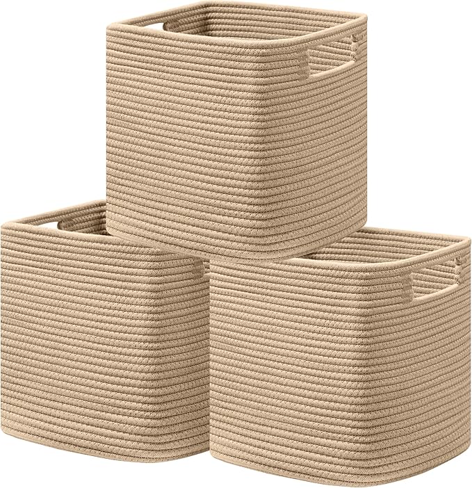 UBBCARE Set of 3 Cotton Rope Basket 11 X 10.5 X 10.5 Inches, Woven Storage Baskets for Shelves, Organizing with Handles, Cube Storage Bins for Storage Books, Magazines, Brown