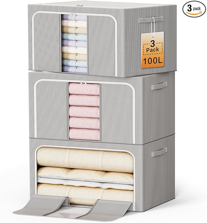 Clothes Storage Bins with Metal Frame Foldable Storage Box Clothes Organizers Storage Containers for Clothes Sheets Blankets Books Toys Gifts and Holiday Decorations (100Lx3 Pack)