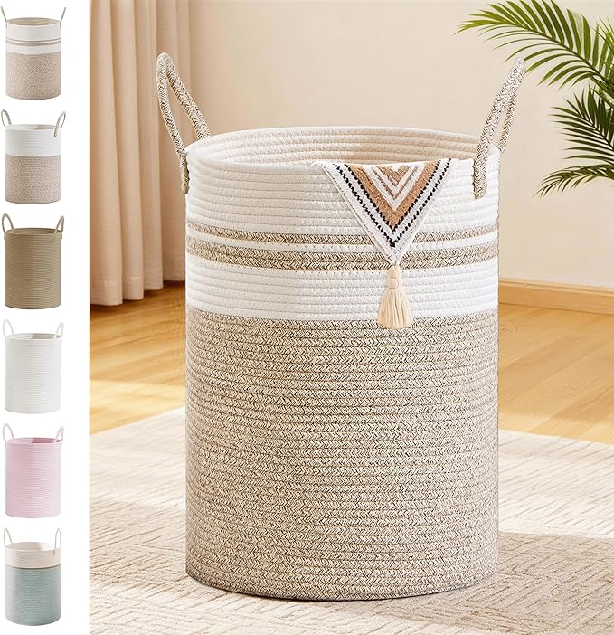 Tall Laundry Basket with Handles, 72L Portable Dirty Clothes Hamper, Boho Cotton Rope Storage Bin for Blankets Kids Toys Gifts, Large Organizer for Baby Nursery Bedroom Bathroom, New Brown