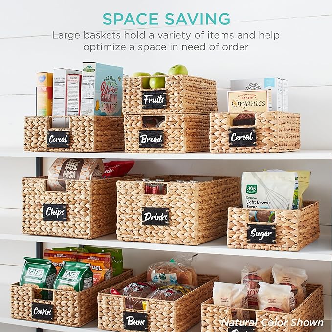 Best Choice Products Pantry Baskets Set of 2 16x12in Water Hyacinth Storage Baskets, Woven Wicker Kitchen Organizers with handles w/Chalkboard Label Chalk Marker - Black