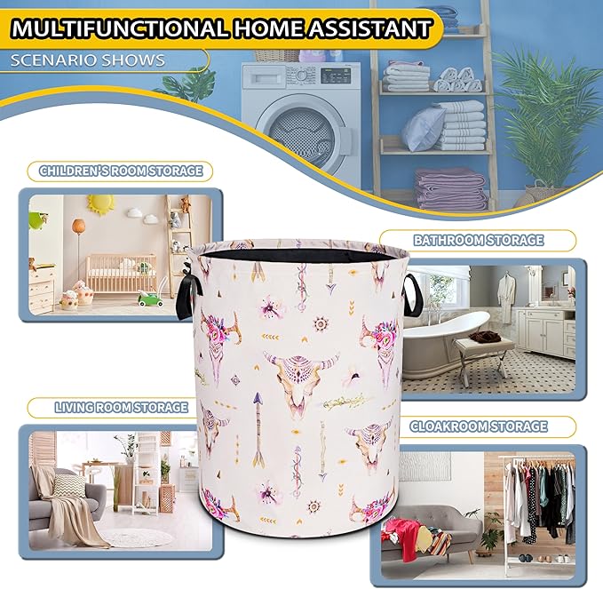 Bohemian Cow Skull Laundry Basket Ethnic Style Foldable Oxford Cloth Funny Tote Bag Laundry Hamper Clothes Storage Bucket Toy Organizer For Bathroom/Laundry Storage/Bedroom 18.9x16.5 Inch