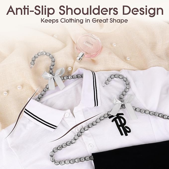 Beaded Clothes Hangers with Satin Bow – Set of 5, 15.7" Non-Slip Bead Hangers for Wedding Dresses, Boutique Display & Closet Decor - Gentle Gray
